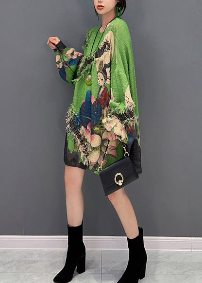 Sexy Grüner O-Ausschnitt Print Quaste Strickpullover Winter