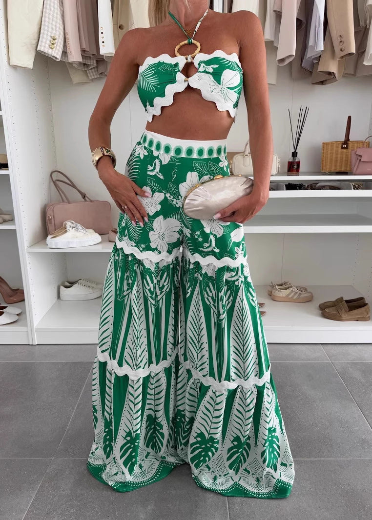 Sexy Green Patchwork Lingerie Top And Maxi A Line Skirts Two Pieces Set Sleeveless