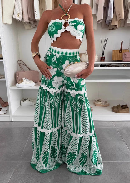 Sexy Green Patchwork Lingerie Top And Maxi A Line Skirts Two Pieces Set Sleeveless