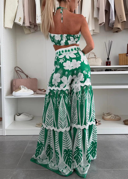 Sexy Green Patchwork Lingerie Top And Maxi A Line Skirts Two Pieces Set Sleeveless