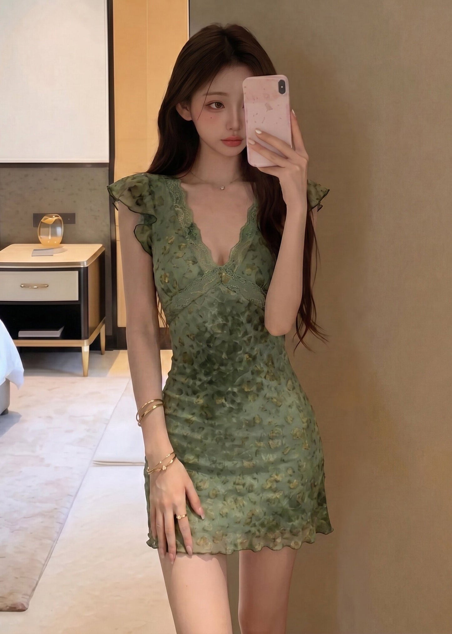 Sexy Green V Neck Lace Patchwork Tulle Mini Dress Summer