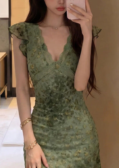 Sexy Green V Neck Lace Patchwork Tulle Mini Dress Summer