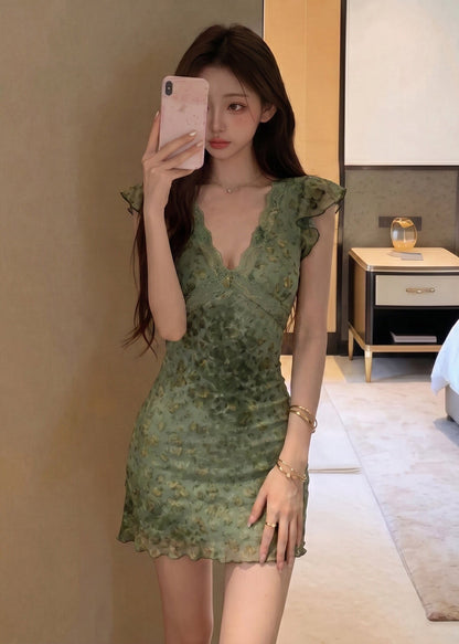 Sexy Green V Neck Lace Patchwork Tulle Mini Dress Summer