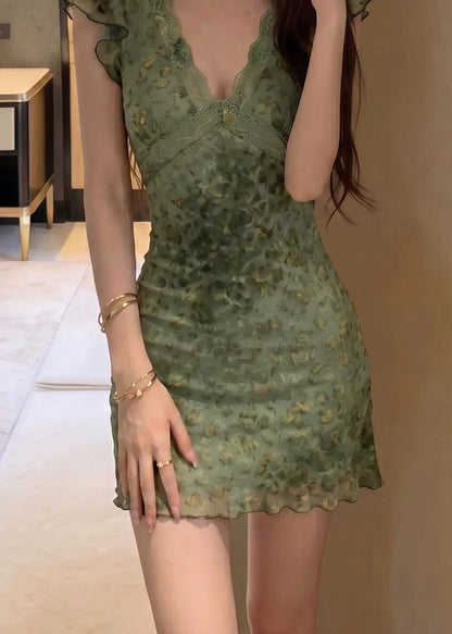 Sexy Green V Neck Lace Patchwork Tulle Mini Dress Summer
