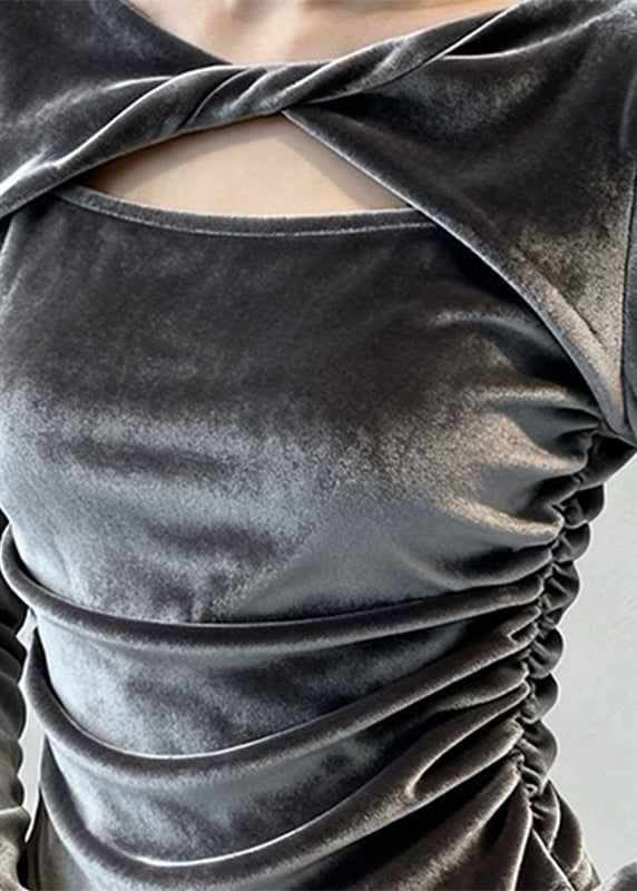 Sexy graue Patchwork-Tops aus Seidenvelours mit Lochmuster für den Frühling