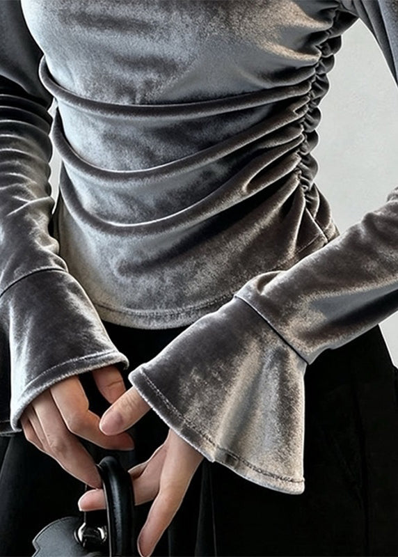 Sexy graue Patchwork-Tops aus Seidenvelours mit Lochmuster für den Frühling