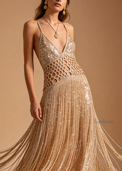 Sexy Hollow Out Tassel Patchwork Cotton Spaghetti Strap Dress Summer