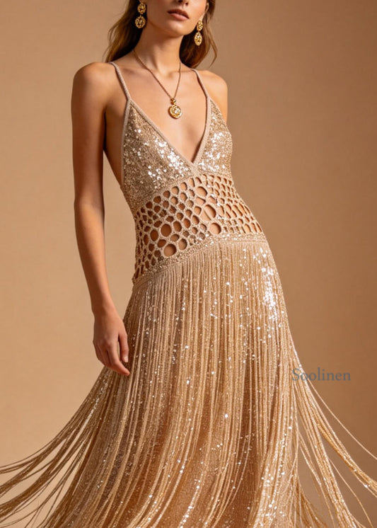 Sexy Hollow Out Tassel Patchwork Cotton Spaghetti Strap Dress Summer