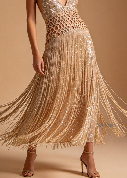 Sexy Hollow Out Tassel Patchwork Cotton Spaghetti Strap Dress Summer