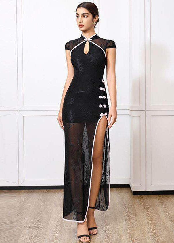 Sexy New Chinese Style Black Tulle Slim Fit Side Open Long Dress Summer