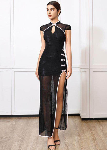 Sexy New Chinese Style Black Tulle Slim Fit Side Open Long Dress Summer