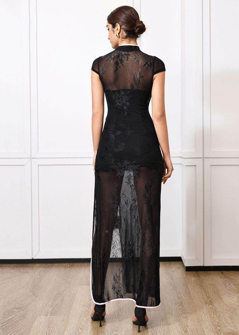 Sexy New Chinese Style Black Tulle Slim Fit Side Open Long Dress Summer
