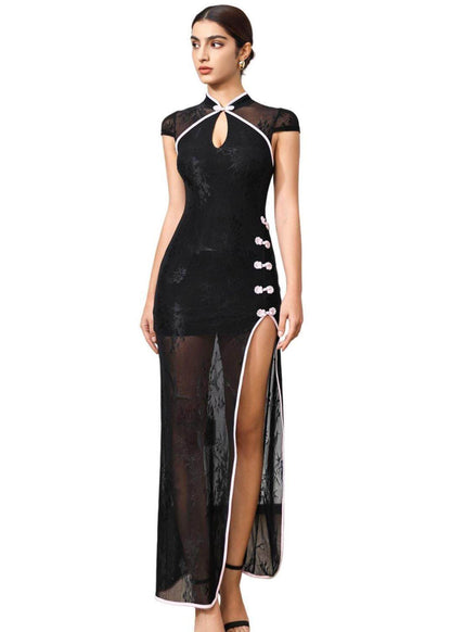 Sexy New Chinese Style Black Tulle Slim Fit Side Open Long Dress Summer