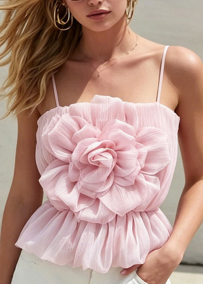 Sexy Pink Floral Tulle Spaghetti Strap Tops Summer