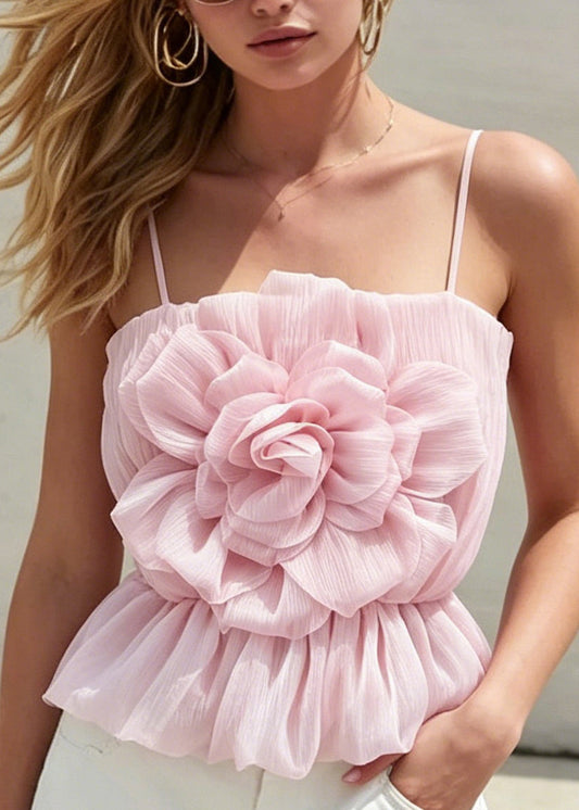 Sexy Pink Floral Tulle Spaghetti Strap Tops Summer