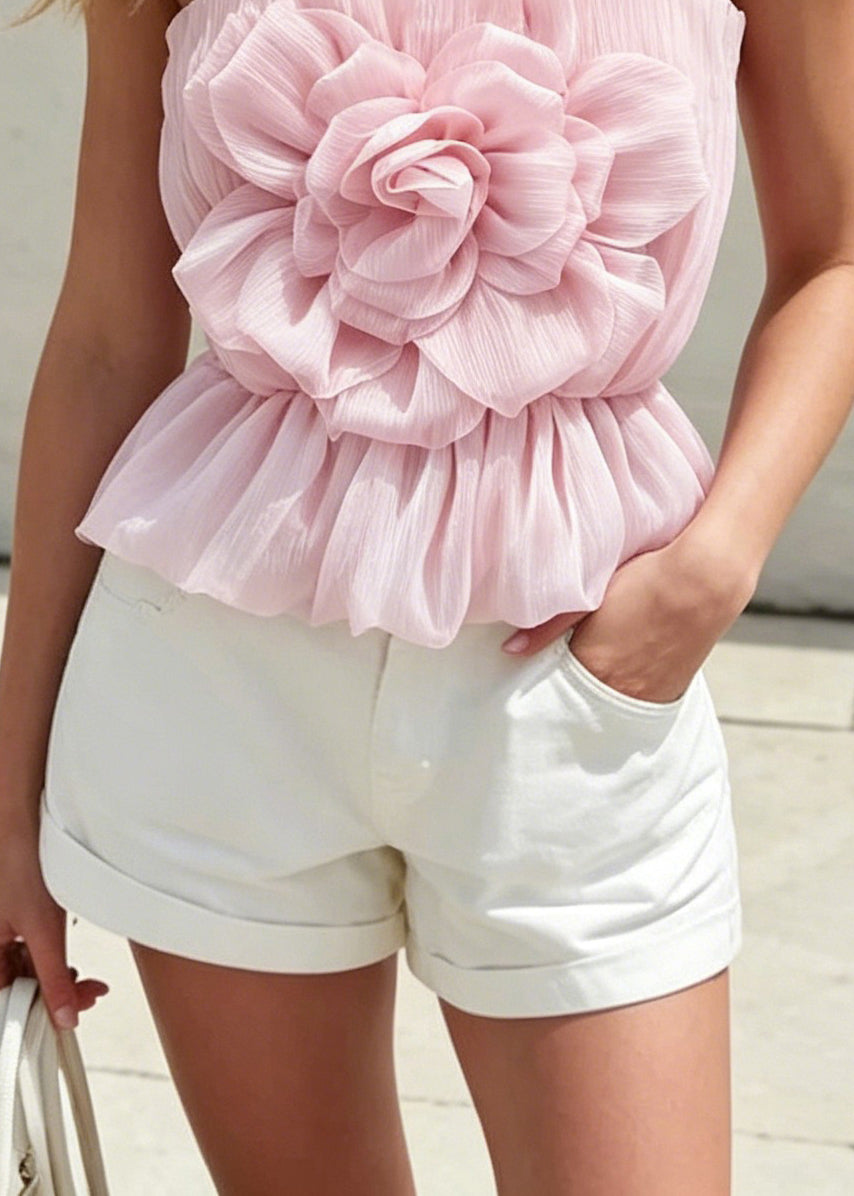 Sexy Pink Floral Tulle Spaghetti Strap Tops Summer