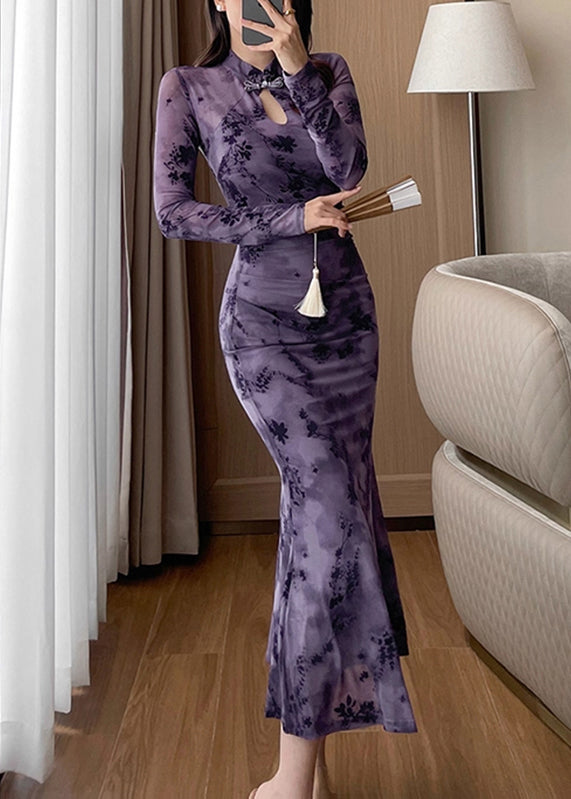 Sexy Purple Stand Collar Print Hollow Out Maxi Dress Fall