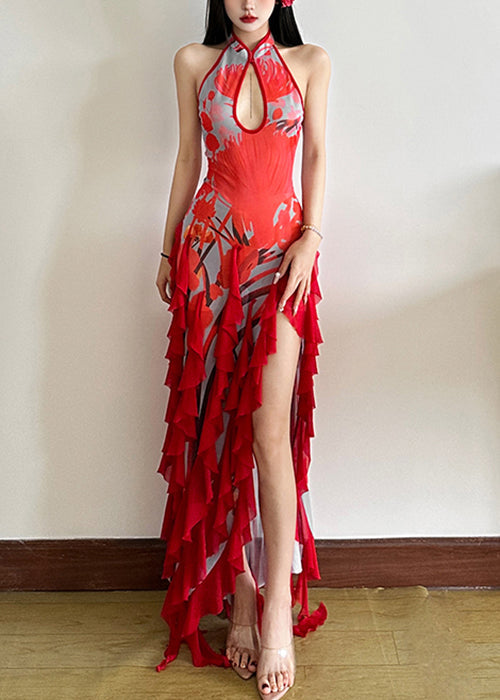 Sexy rotes rückenfreies, gerüschtes, seitlich offenes Tüllkleid für den Sommer