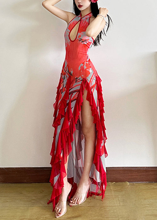 Sexy Red Backless Ruffled Side Open Tulle Long Dresses Summer