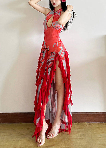 Sexy Red Backless Ruffled Side Open Tulle Long Dresses Summer