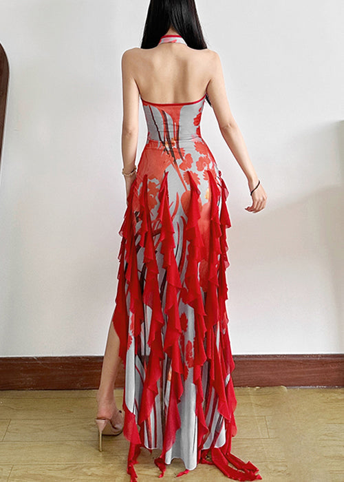 Sexy Red Backless Ruffled Side Open Tulle Long Dresses Summer