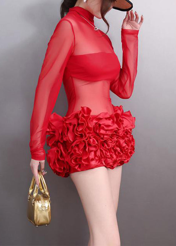 Sexy Red Patchwork Sheer Tulle Holiday Mid Dress Fall