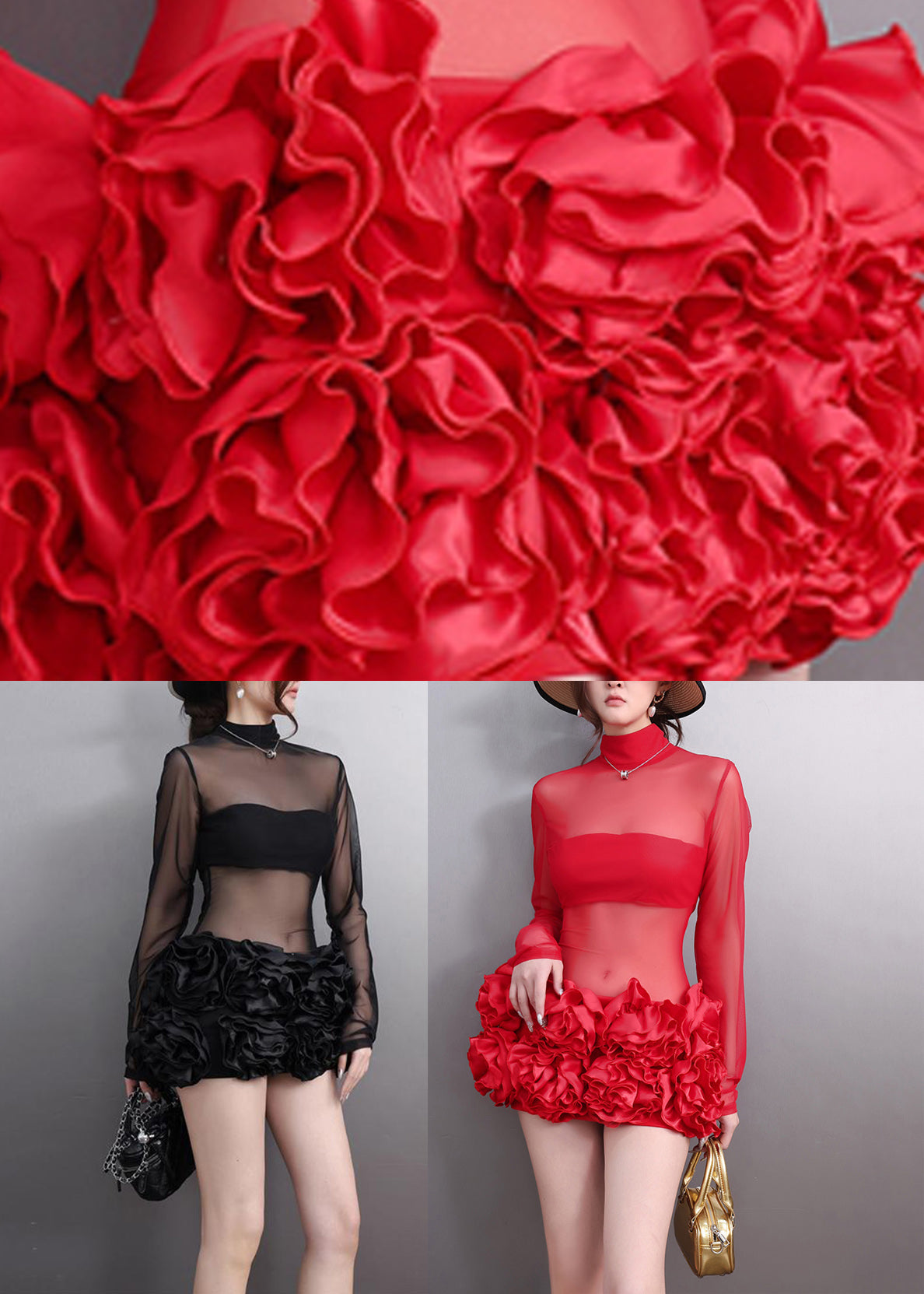 Sexy Red Patchwork Sheer Tulle Holiday Mid Dress Fall