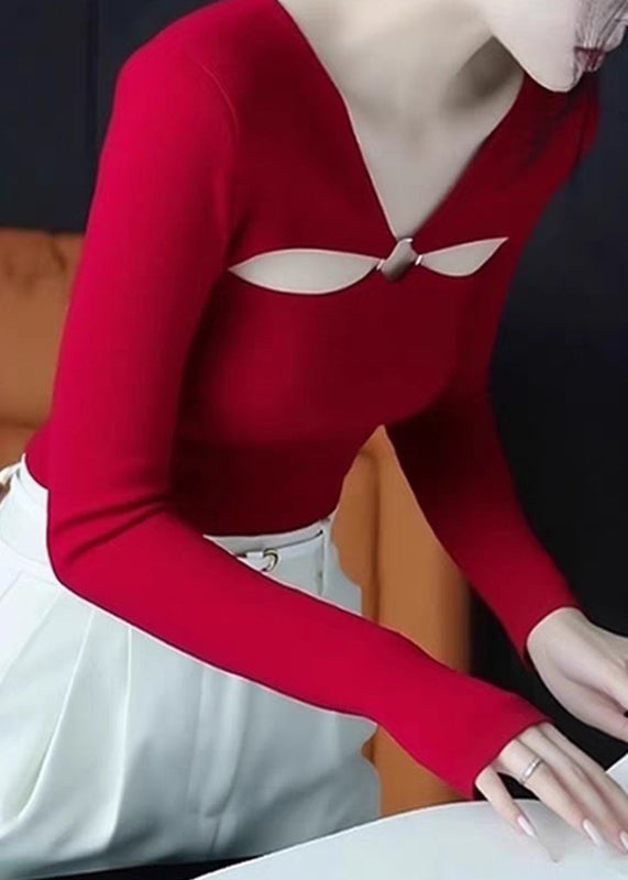 Camiseta sexy roja con cuello en V y patchwork calado para otoño