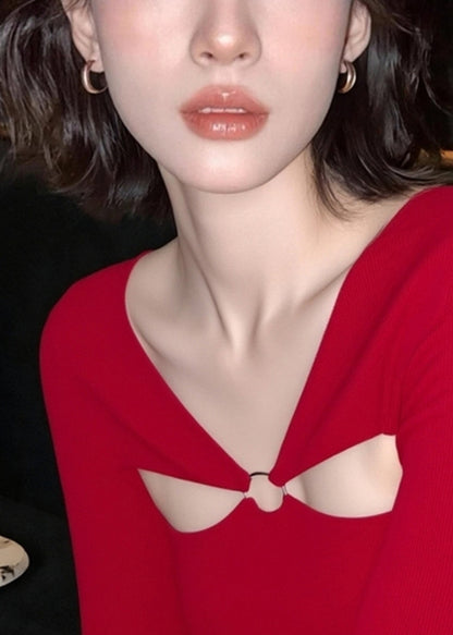 Camiseta sexy roja con cuello en V y patchwork calado para otoño