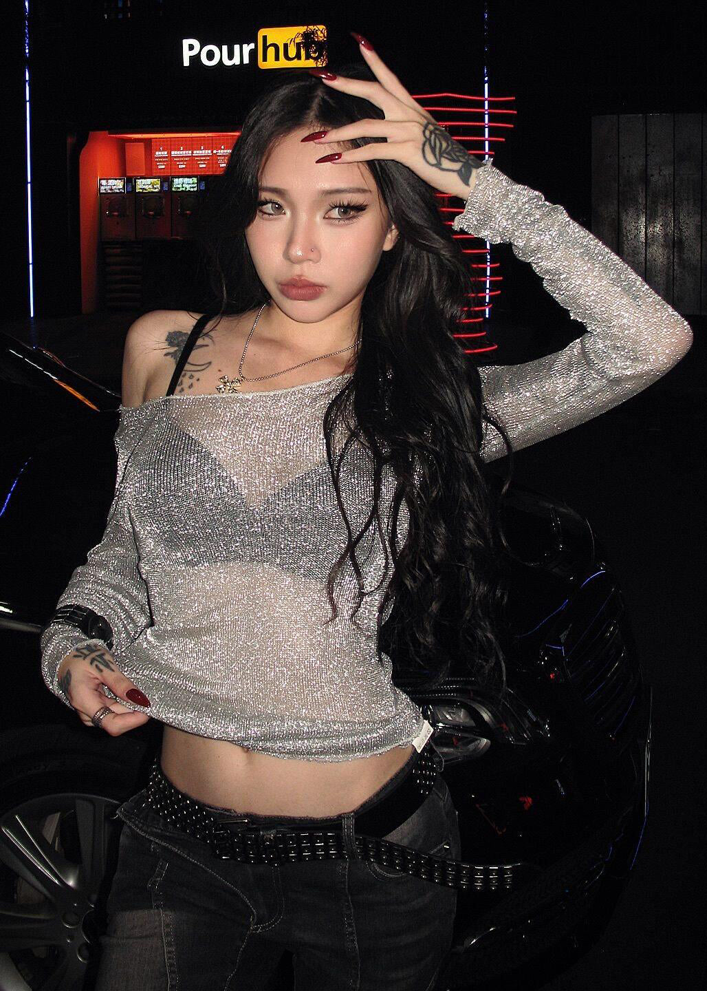 Sexy Sequin See Through Slanted Shoulder Thin T-Shirt Top Summer