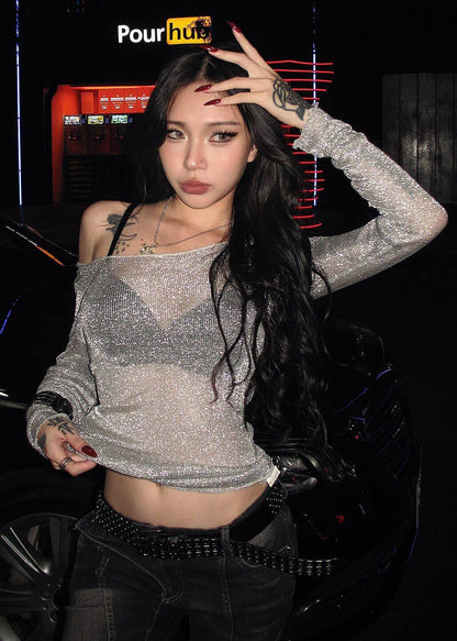 Sexy Sequin See Through Slanted Shoulder Thin T-Shirt Top Summer