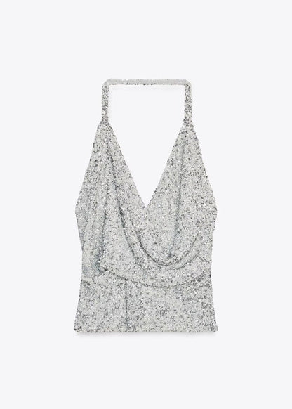 Sexy Silver Halter Backless Sequins Top Sleeveless