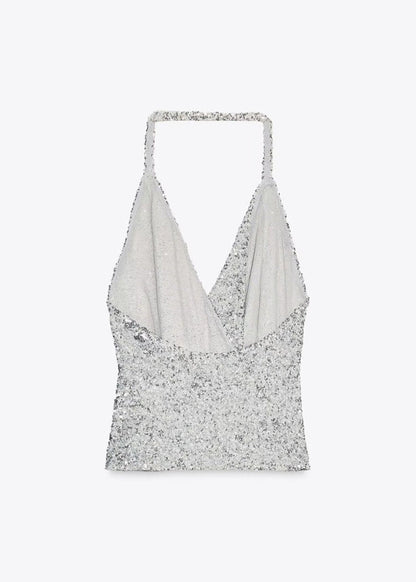 Sexy Silver Halter Backless Sequins Top Sleeveless