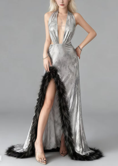 Sexy Silvery Exra Large Hem Patchwork Faux Fur Side Open Evenings Dresses Summer