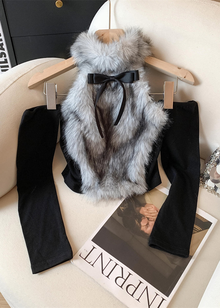 Sexy Style Blue Fur Patchwork Chic Long Sleeved Top