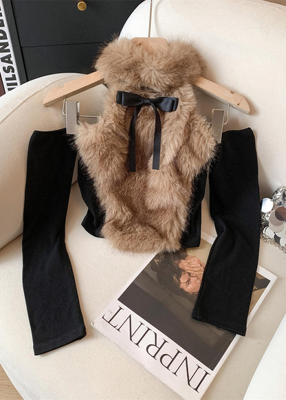 Sexy Style Blue Fur Patchwork Chic Long Sleeved Top