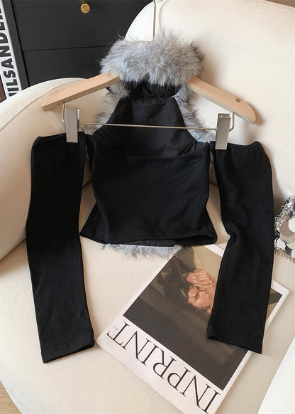 Sexy Style Blue Fur Patchwork Chic Long Sleeved Top