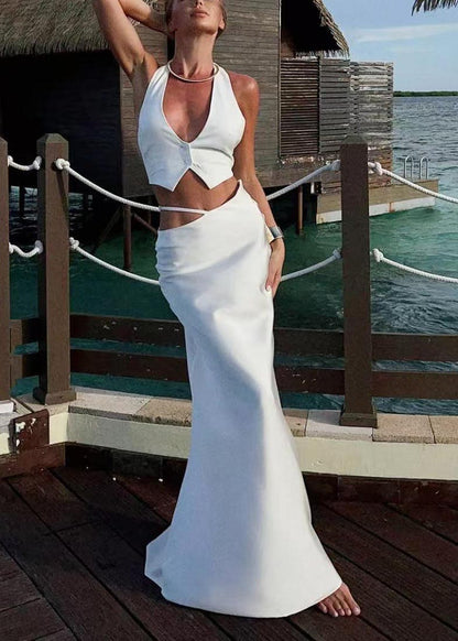Sexy White Backless Vests And Wraped Skirts Two Piece Suit Set Summer