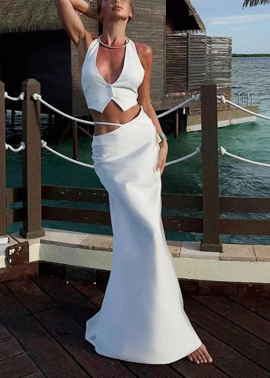 Sexy White Backless Vests And Wraped Skirts Two Piece Suit Set Summer