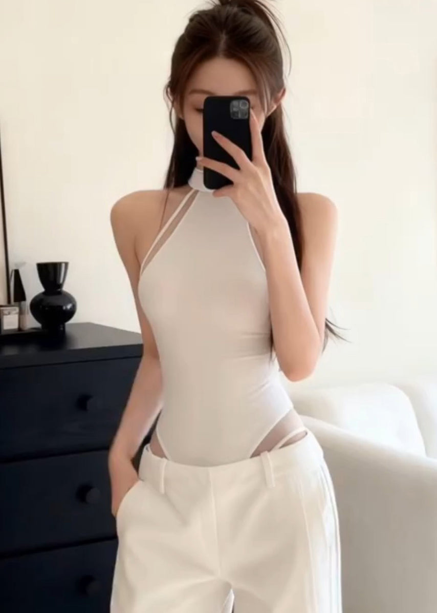 Sexy White Halter Tulle Jumpsuit Tight Top Sleeveless