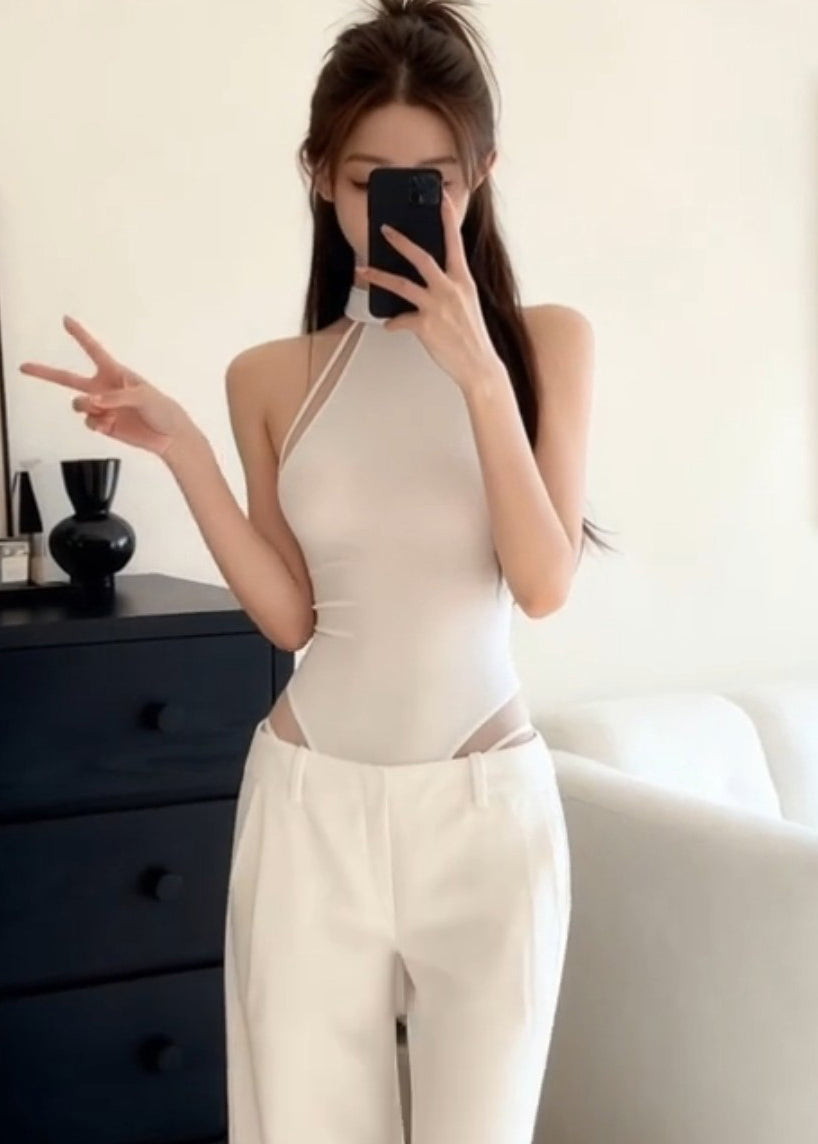 Sexy White Halter Tulle Jumpsuit Tight Top Sleeveless