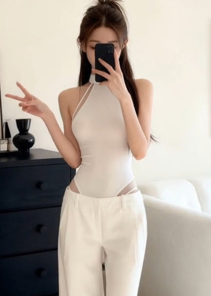 Sexy White Halter Tulle Jumpsuit Tight Top Sleeveless