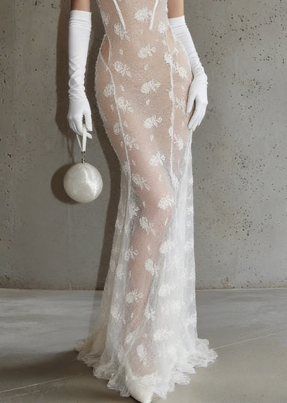 Sexy White Hollow Out Lace Perspective Tulle Maxi Dresses Sleeveless