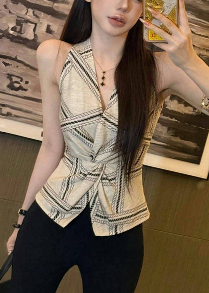 Sexy White Print Side Open Silm Fit Halter Vests Summer