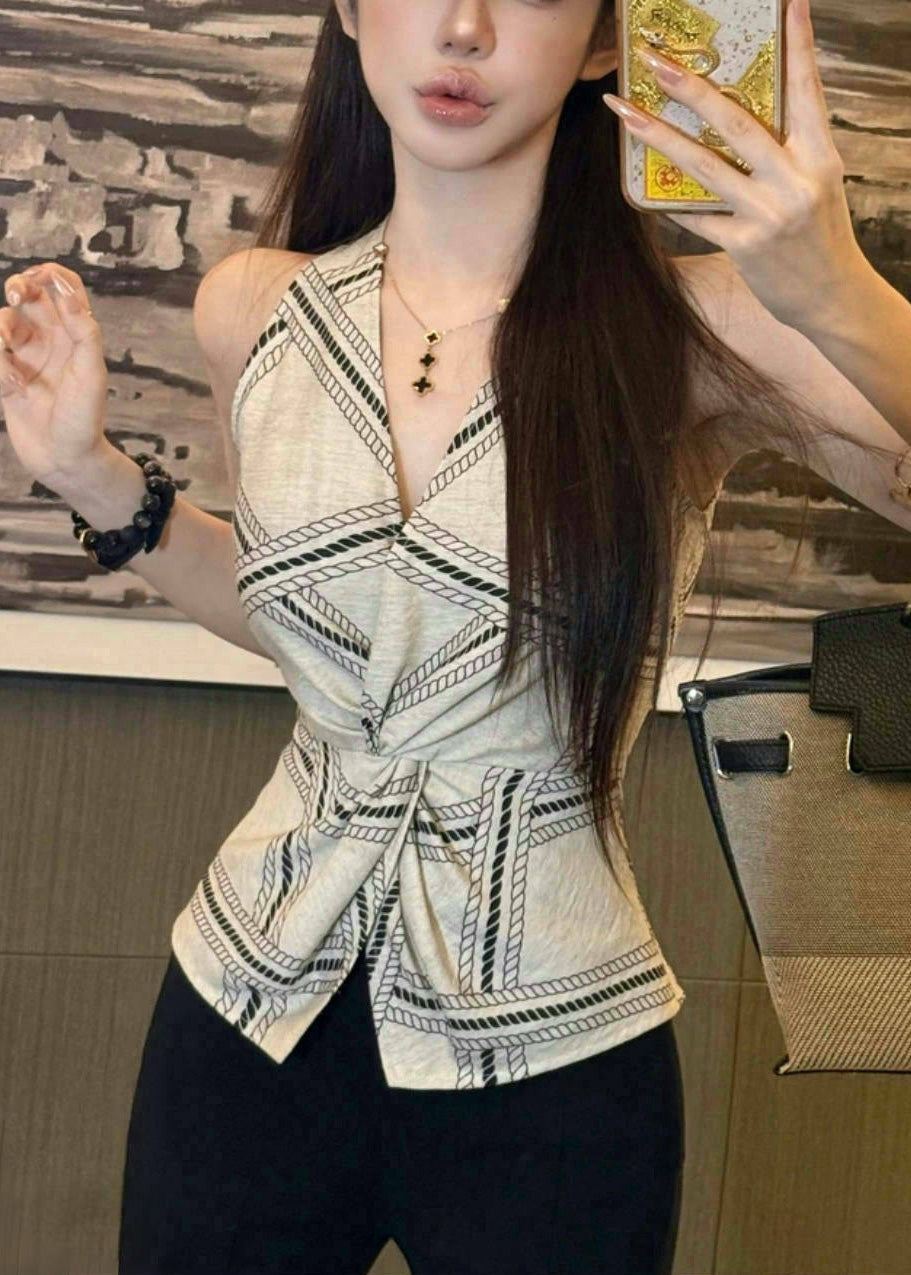 Sexy White Print Side Open Silm Fit Halter Vests Summer