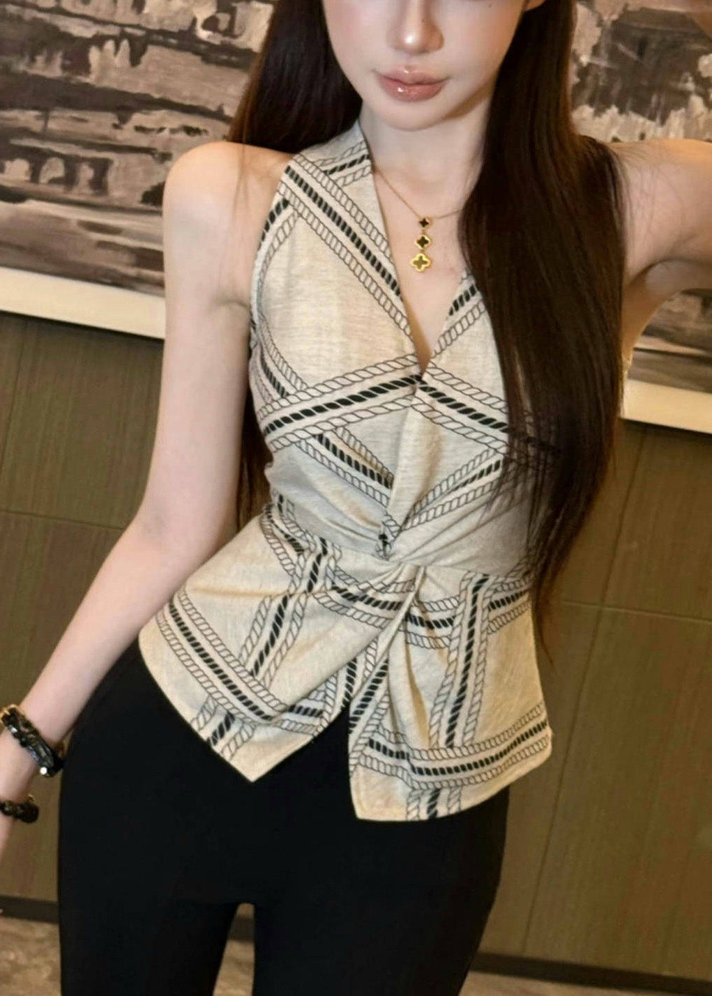 Sexy White Print Side Open Silm Fit Halter Vests Summer