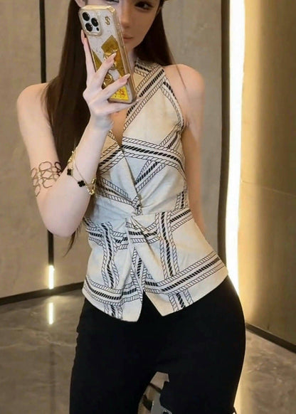 Sexy White Print Side Open Silm Fit Halter Vests Summer