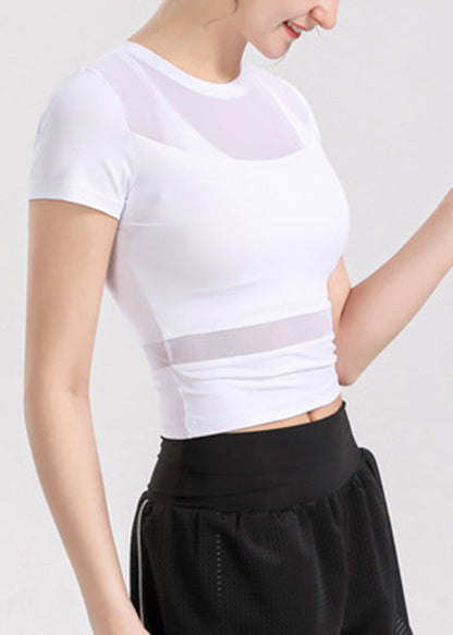 Sexy White Tulle Patchwork Short Sleeve Yoga Top