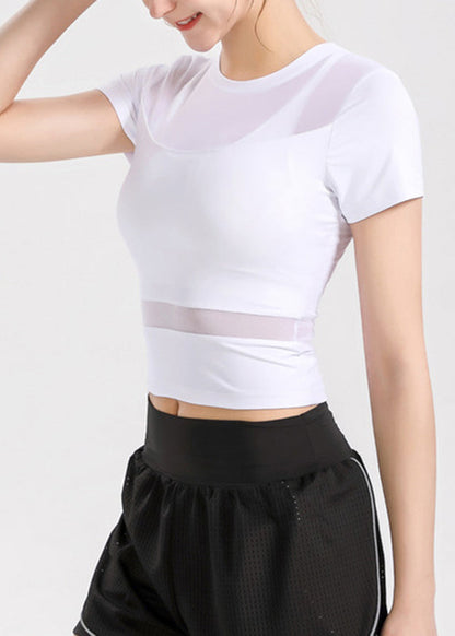 Sexy White Tulle Patchwork Short Sleeve Yoga Top