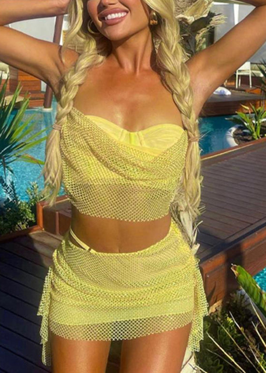 Sexy Yellow Backless Cotton Two Piece Set Outfits Summer